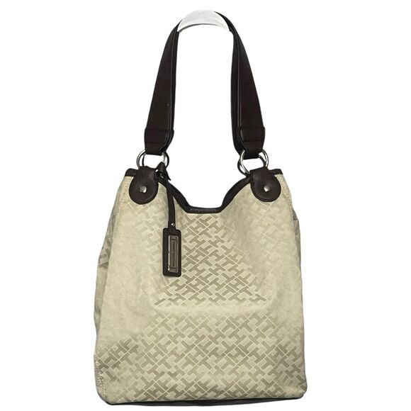 Tommy Hilfiger Handbags - Tommy Hilfiger Monogram Hobo Beige TH Print Logo Pattern Faux Leather Trim Y2K